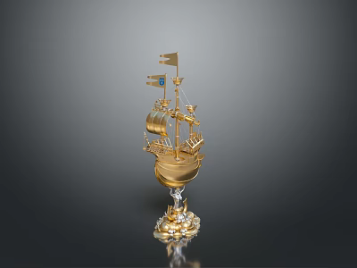 Elegant Golden Decorative Sailboat Model with Flags Gemstone Accents and Crystal Base 3d model