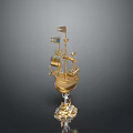 Elegant Golden Decorative Sailboat Model with Flags Gemstone Accents and Crystal Base