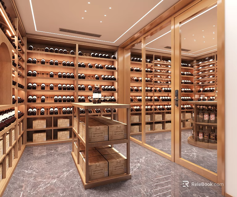 Elegant Wine Cellar Interior Design With Wooden Racks Displayed Wine Bottles And Mirrored Walls 3d model 
