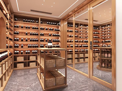 Elegant Wine Cellar Interior Design With Wooden Racks Displayed Wine Bottles And Mirrored Walls 3d model