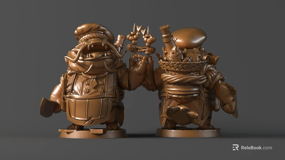 Detailed Cartoon Character Sculpture With Bronze Finish Hat Weapon And Decorative Front Back View 3d model 