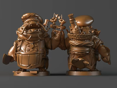 Detailed Cartoon Character Sculpture With Bronze Finish Hat Weapon And Decorative Front Back View 3d model