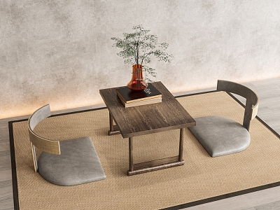 New Chinese Japanese Tea Table and Chair Tatami Tea Table and Chair Tea Table and Chair Tea Table and Chair Single Casual Chair Vase Green Plant Cushion Seat Stool 3d model