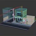 Cartoon Scene With Blue Green Buildings Striped Awning And Pink Vending Machine On Street