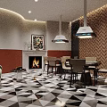Modern Interior Design With Fireplace Dining Table Geometric Patterned Floor Decorative Painting And Pendant Lights