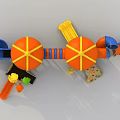 Colorful Kids Playground Structure With Orange Yellow Roofs Blue Slides And Staircase