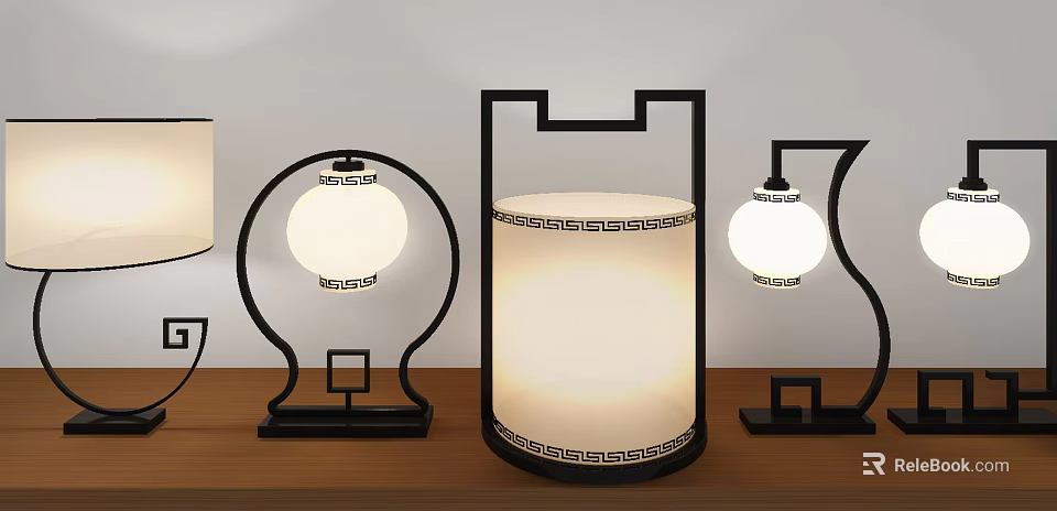 Chinese Style Table Lamps With Black Frame Round Lampshade And Geometric Pattern 3d model