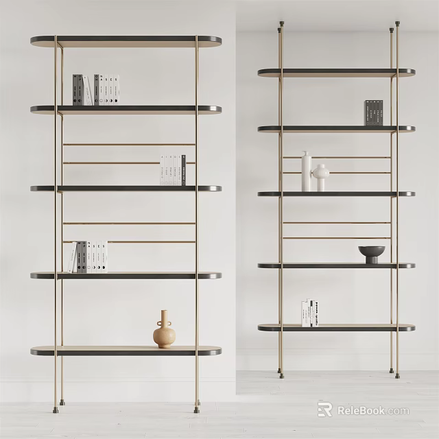 Modern Metal Frame Shelving Unit With Layered Shelves And Decorative Items 3d model 
