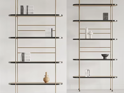Modern Metal Frame Shelving Unit With Layered Shelves And Decorative Items 3d model