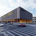 Industrial Plant With Large Signage Gray Facade Yellow Base Front Road Cars And Blue Sky