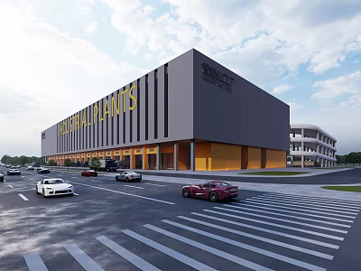 Industrial Plant With Large Signage Gray Facade Yellow Base Front Road Cars And Blue Sky 3d model