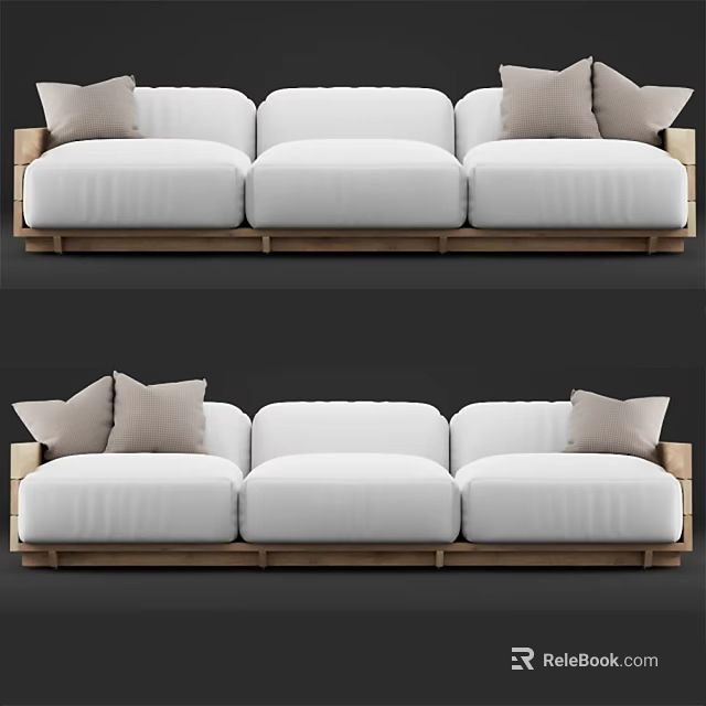 Modern Three Seater Sofa With White Cushions Wooden Frame And Beige Pillows 3d model 