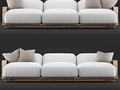 Modern Three Seater Sofa With White Cushions Wooden Frame And Beige Pillows 3d model