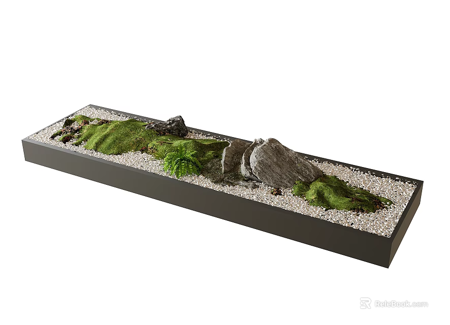 Decorative Ornament Set with Rectangular Black Base White Pebbles Green Moss and Gray Stones 3d model 