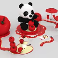 Cute Inflatable Panda Decor With Red Apple Shapes And Umbrella Structures 3d model