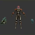 Armored Character In Red Black Silver Armor Standing With Blue Drone Companions