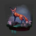 Red Fox Character Standing On Floating Island With Waterfall And Stars