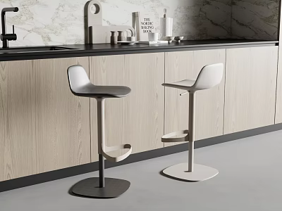 Modern Kitchen Bar Stools With Stylish Design Wooden Cabinets And Marble Countertop 3d model