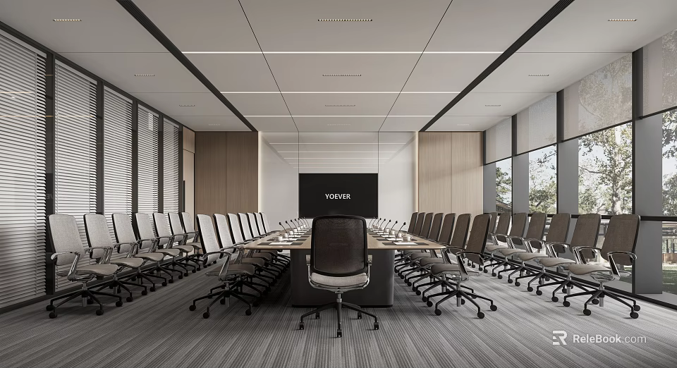 Modern Conference Room Interior With Long Table Comfortable Chairs Large Screen And Windows 3d model