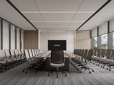 Modern Conference Room Interior With Long Table Comfortable Chairs Large Screen And Windows 3d model