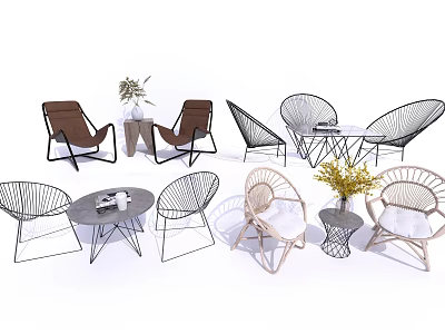 Stylish Table and Chair Sets With Modern Metal Frame Rattan Woven Design and Decorative Plants 3d model