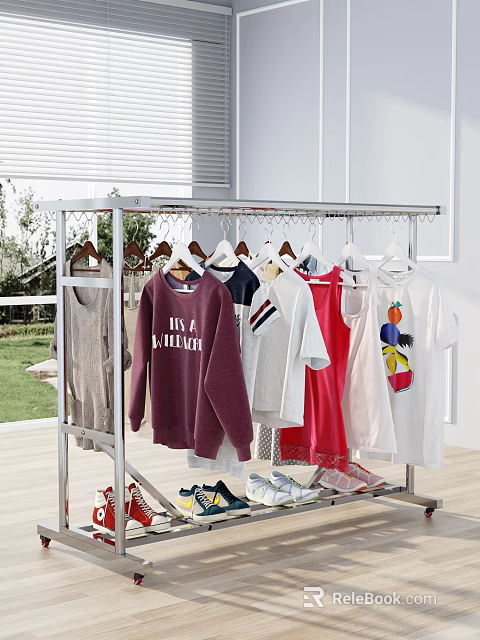 Stainless Steel Clothes Rack With Multiple T-shirts Sweaters And Shoes Near Outdoor Area 3d model 