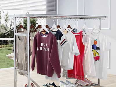 Stainless Steel Clothes Rack With Multiple T-shirts Sweaters And Shoes Near Outdoor Area 3d model