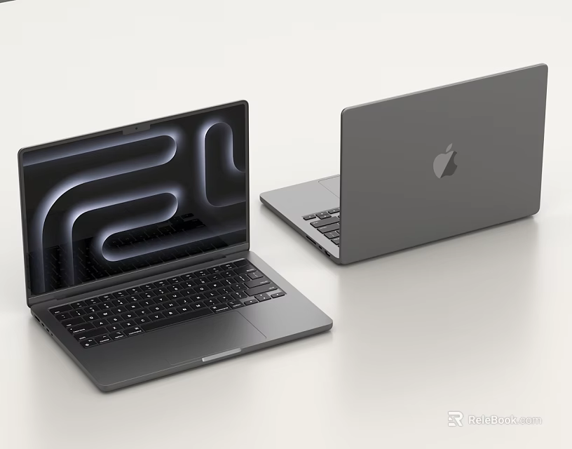 Two Apple Laptops Open And Closed With Gray Finish And Abstract Display Screen Design 3d model 