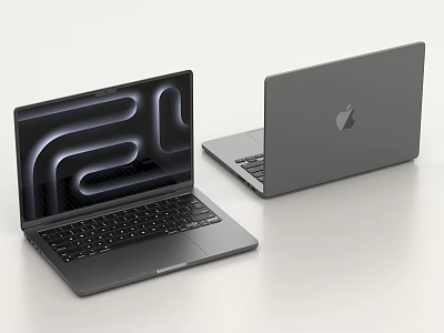 Two Apple Laptops Open And Closed With Gray Finish And Abstract Display Screen Design 3d model