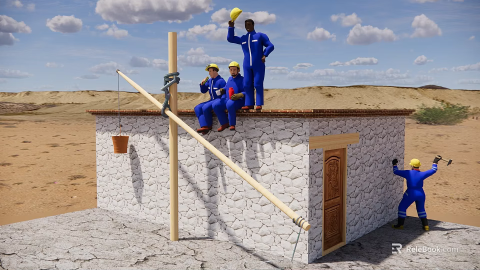 Construction Workers Working Together On Stone House Roof With Lever And Bucket In Desert Landscape 3d model 