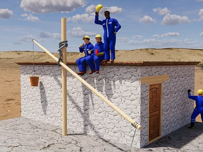 Construction Workers Working Together On Stone House Roof With Lever And Bucket In Desert Landscape 3d model