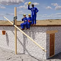 Construction Workers Working Together On Stone House Roof With Lever And Bucket In Desert Landscape