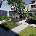 Modern Garden Landscape With Courtyard Water Feature Rocks And Seating Area