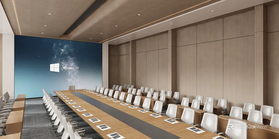 Modern Conference Room With Large Screen White Chairs Long Meeting Table And Wooden Walls 3d model 