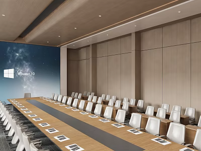 Modern Conference Room With Large Screen White Chairs Long Meeting Table And Wooden Walls 3d model