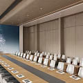Modern Conference Room With Large Screen White Chairs Long Meeting Table And Wooden Walls