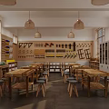 Woodworking Workshop Interior With Wooden Tables Stools Tool Wall Windows And Pendant Lights