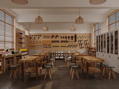 Woodworking Workshop Interior With Wooden Tables Stools Tool Wall Windows And Pendant Lights 3d model