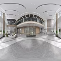 Modern Spacious Office Reception Lobby With Comfortable Curved Sofas And Large Bright Windows