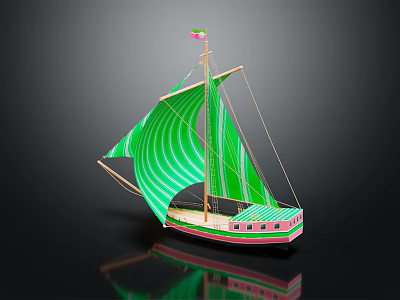 Decorative Ornament Set Featuring Green Sail Model Ship With Pink Hull Flag And Reflective Surface 3d model