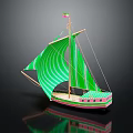 Decorative Ornament Set Featuring Green Sail Model Ship With Pink Hull Flag And Reflective Surface