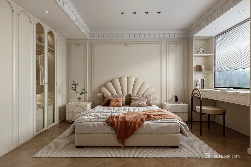 Elegant Modern Bedroom Interior Design With Scalloped Headboard Blanket Pillows And Decorative Moldings 3d model 