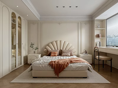 Elegant Modern Bedroom Interior Design With Scalloped Headboard Blanket Pillows And Decorative Moldings 3d model
