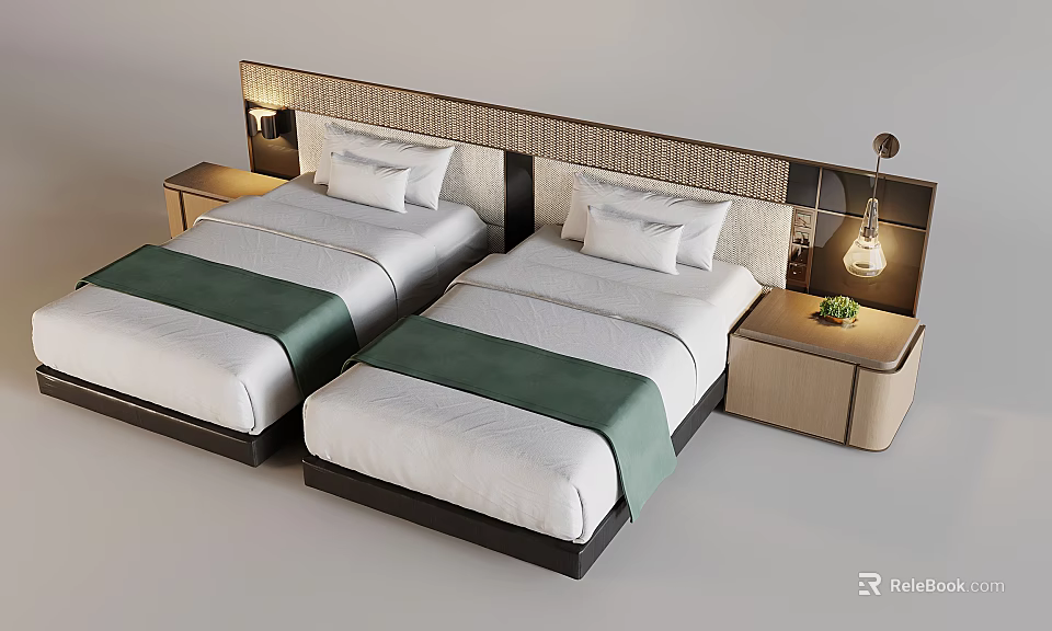 Modern Bedroom with Two Single Beds Green Runners Bedside Lamps and Stylish Headboard 3d model 