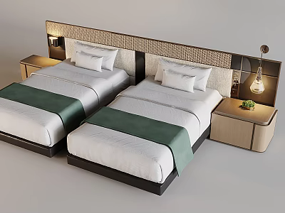 Modern Bedroom with Two Single Beds Green Runners Bedside Lamps and Stylish Headboard 3d model