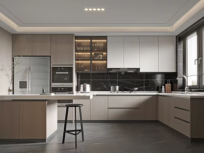 Modern Kitchen Interior Design With Island Counter Cabinets Appliances And Lighting 3d model