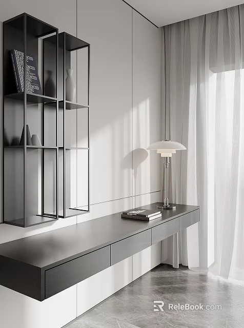 Modern Bookshelf With Open Shelves And Side Table Featuring Table Lamp And Stacked Books 3d model 
