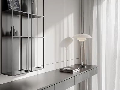 Modern Bookshelf With Open Shelves And Side Table Featuring Table Lamp And Stacked Books 3d model
