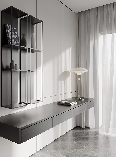 Modern Bookshelf With Open Shelves And Side Table Featuring Table Lamp And Stacked Books 3d model