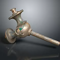 Antique Metal Artifact With Green Patina And Unique Curved Handle Vintage Design